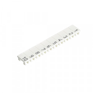 Маркировка для клемм (полоска) 9705A/5/10 B 1- 10, Маркировочные шильдики, для клемм сечением 2,5 мм.кв., боковая / верхняя, 10 шильдиков, нанесенные символы: 1...10, с горизонтальным расположением, размер шильдика: 4,8 x 8,3 мм, цвет: белый