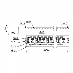 Лоток перфорированный 100х50х2000мм толщина 1.2 мм горячеоцинкованный 3525212HDZ