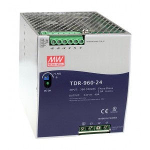 TDR-960-48, AC-DC, 960Вт, ККМ, 3-х фазный, вход 340…550В AC, 47…63/480…780В DC, выход 48В/20A, рег. вых 24...28В,  изоляция 3000В AC, в кожухе на DIN-рейку 110х125.2х150мм, -30…+70°С