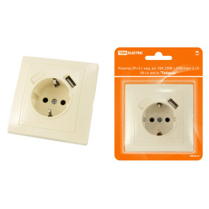 Розетка 2П+З с защ. шт. 16А 250В + USB порт 2,1А 5В сл. кость "Таймыр" SQ1814-0140