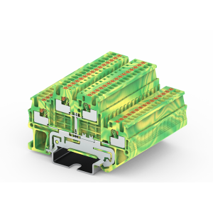 Этажная клемма TPD1.5-2-PE, Заземляющая этажная клемма, 2 этажа, тип фиксации провода: Push-in, номинальное сечение: 1,5 мм кв., 16A, 500V, ширина: 3,5 мм, цвет: желто-зеленый, тип монтажа: DIN35