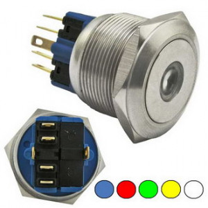 GQ25-11D/Y  ON-(OFF)+OFF-(ON), Антивандальная кнопка металлическая без фиксации с точечной подсветкой, посадочная резьба М25, контакты под пайку