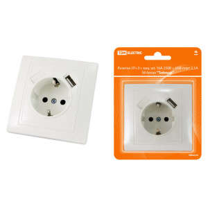 Розетка 2П+З с защ. шт. 16А 250В + USB порт 2,1А 5В белая "Таймыр" SQ1814-0040