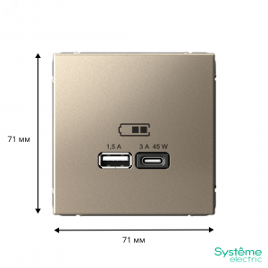 ARTGALLERY USB розетка A + тип-C 45Вт высокоскор.заряд. QC, PD, механизм, шампань GAL000529