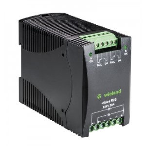 Модуль резервирования WIPOS R20, Модуль резервирования, для развязки выходов блоков питания, 2 входа/1 выход, 21 - 28 A DC, габариты (мм): ширина x высота x глубина: 54 x 90 x 114; вес 0,21 кг; монтаж: на DIN рейку, температура окружающей среды –40°C…+70°C