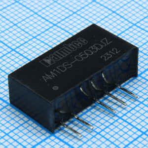 AM1DS-0503DJZ, DC/DC, 1Вт, вход 4.5…5.5В, выход ±3.3В/±0.015…0.152А, изоляция 1500В DC, КПД 82%, максимальная емкостная нагрузка не более 1200мкФ, SIP7, 19.65x6x10.16мм, -40…105°C, пластик