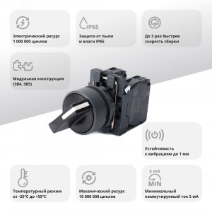 Переключатель SB5 в сборе модульный 22мм 2 позиции с фиксацией 1НО+1НЗ SB5AD25