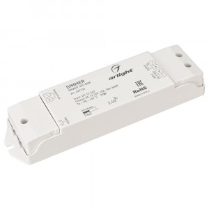 Диммер SMART-D9-DIM (12-24V, 1x15A, 2.4G) 027133, Диммер для монохромной светодиодной ленты (ШИМ). Питание/рабочее напряжение 12-24VDC, максимальный ток 15A на канал, 1 канал, максимальная мощность 180-360W. Винтовые клеммы. Корпус - PVC. Габариты 175x45x27 мм. Управляется пультами и панелями серии SMART