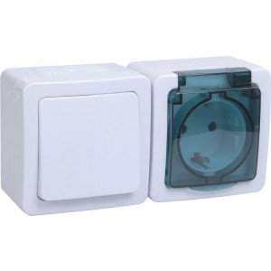 Блок ОП выключатель 1-кл. и розетка с заземл. контактом и крышкой для открытой установки бел. клавиша/дымчатая крышка БГб-22-31-ГПБд IP54 ГЕРМЕС PLUS EBGMP20-K03-31-54-EC