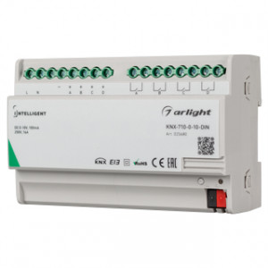 INTELLIGENT ARLIGHT Конвертер KNX-710-0-10-DIN (230V, 4x0/1-10, 4x16A) 025680, Конвертер KNX-0-10V с выходами: 4 релейных выхода по 16А, 4 выхода 0-10V для управления драйверами, диммерами, клапанами и пр. Совместим с устройствами 0-10 с пассивным входом. Установка на DIN-рейку. Питание 230V.