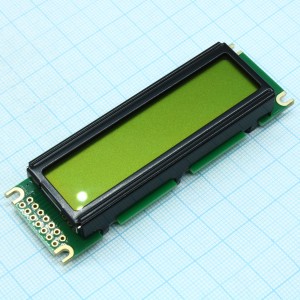 WH1601B-YYH-CTK#, ЖКИ знакосинтезирующий 16 x 1, STN Желто-зеленый Позитивный/прозрачно-отражающий светодиодная подсветка желто-зеленая размеры 85x28 мм, видимая область 66x16 мм, -20...70°C, контактные площадки 2 ряда слева 14 выводов