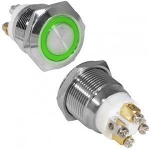 GQ19F-10E/G/N OFF-(ON), Антивандальная кнопка металлическая без фиксации с кольцевой зеленой подсветкой, посадочная резьба М19, контакты под винт
