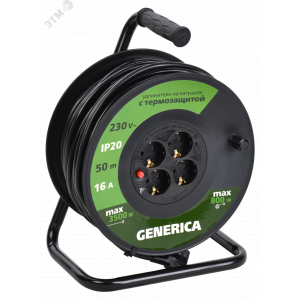 Удлинитель на катушке 4х50м 16А IP20 УК50 2P+PE 3х1.5 термозащита GENERICA WKP20-16-04-50-G