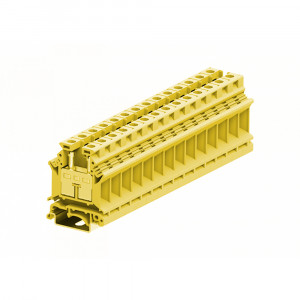 Проходная клемма 316907, Проходная клемма, тип фиксации провода: винтовой, номинальное сечение: 16 мм кв., 76A, 800V, ширина: 12 мм, цвет: желтый, тип монтажа: DIN35