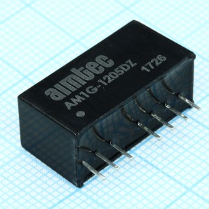 AM1G-1205DZ, DC/DC, 1Вт, вход 9…18В, выход ±5В/±0.1А, изоляция 1000В DC, КПД 72%, максимальная емкостная нагрузка не более ±1000мкФ, вход On/Off, SIP8, 21.85x9.2x11.1мм, -40…85°C, пластик