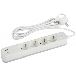 Сетевой фильтр SFE430-2xUSBAC-W с базовой защитой с заземлением с выключателем 4 розетки+2xUSBA+C 3,1A 3м 10А Б0059230