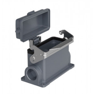 Закрытое основание разъема H16B-SM-1L-PC-M20, Основание разъема на панель, закрытое, типоразмер 16B, с уплотнителем, 1 отверстие с резьбой для кабельных вводов M20x1,5, с одной металлической защелкой, с пластиковой защитной крышкой, материал корпуса: алюминиевый сплав