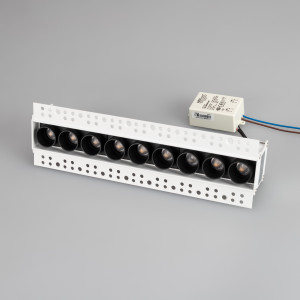 Светильник MS-ORIENT-BUILT-TRIMLESS-TC-S38x277-20W Warm3000 (WH-BK, 30 deg, 230V) 031926, Встраиваемый безрамочный светильник под шпаклевку. Мощность 20 Вт, св. поток 1500 лм, 75 лм/Вт, теплый 3000 K, CRI>98, угол 30°, напряжение питания 230 В. Белый прямоугольный корпус из алюминия, экран PMMA, степень защиты IP20. Размер: длина 277 мм, ширин