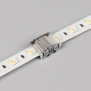 Коннектор HIP-RGBW-12-5pin-STS 032022, Одиночный коннектор для соединения 2-х отрезков открытых светодиодных лент RGBW шириной 12 мм. Материал - прозрачный пластик. Обеспечивает соединение без видимых разрывов. Максимальный допустимый ток 3 А, напряжение 3-24 В, степень защиты IP33.