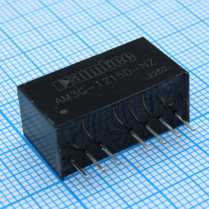 AM3G-1215D-NZ, DC/DC, 3Вт, вход 18…36В, выход ±15В/±0.1А, изоляция 1500В DC, КПД 80%, максимальная емкостная нагрузка не более ±330мкФ, вход On/Off, SIP8, 22x9.5x12мм, -40…100°C, пластик