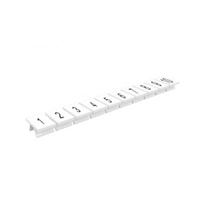 Маркировка (полоска) 308801/1...10, Маркировочные шильдики, для клемм сечением 6 мм.кв., боковая / верхняя, 10 шильдиков, нанесенные символы: 1...10, с горизонтальным расположением, размер шильдика: 8 x 10,6 мм, цвет: белый