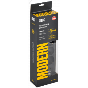 УДЛИНИТЕЛЬ 3Х2М С ЗАЗЕМЛ. 16А 250В MODERN У03В С ВЫКЛ. USBX3 (TYPE-AX2ШТ + TYPE-CX1ШТ) ПВС 3Х1 ЧЕРН. WYP12-16-03-02-ZKU-K02