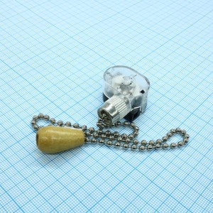 Выключатель для настенного светильника, 220В, 3А, длина цеп.=270мм, длина пров.=120мм, цвет - Silver, с деревянным наконечником