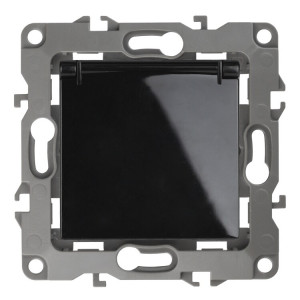 12-2103-06 Розетка 2P+E Schuko со шторками с крышкой, 16A-250В, IP20, 2, чёрный (10/100/3200 Б0014698