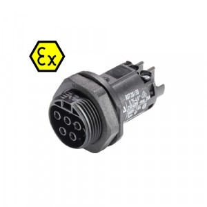 Розеточный разъем в панель EX RST20I5SXB1 M01 SW, Взрывозащищенный розеточный разъем в панель, М25, IP68(69k), 5 полюсов, винтовая фиксация провода, номинальные характеристики: 250/400V, 20A, цвет: черный, серия RST Ex