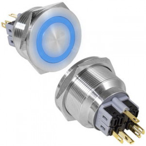 GQ28PF-11E/B/N ON-(OFF)+OFF-(ON), Антивандальная кнопка металлическая без фиксации с подсветкой, посадочная резьба М28, контакты под пайку