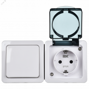 Блок ОП выключатель 1-кл. и розетка с заземл. контактом и крышкой для открытой установки бел. клавиша/дымчатая крышка БГб-22-31-ГПБд IP54 ГЕРМЕС PLUS EBGMP20-K03-31-54-EC