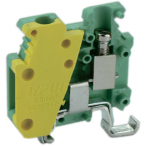 Заземляющая клемма (MINI) UKJ-4MJD, Заземляющая клемма, MINI, боковой подвод кабеля, 2 точки подключения, тип фиксации провода: винтовой, номинальное сечение: 4 мм кв., 500V, ширина: 6,2 мм, цвет: желто-зеленый, тип монтажа: DIN35