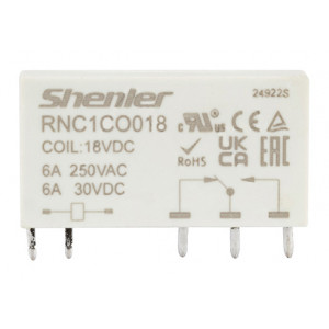 Реле RNC1CO018, Интерфейсное реле, 1 группа переключающих контактов, 18VDC, 6A, для колодок серий: SNC05-E-A, SNC05-S-A, SNC05-P