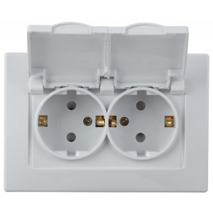 Розетка Plano 1-210-01 2х2P+E Schuko с крышкой шторками, 16А-250В, СУ, IP44, Plano, белый Б0048034