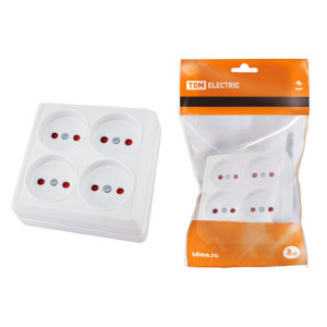 Розетка четырехместная 2П открытой установки IP20 10A с защитными шторками белая "Ладога" SQ1801-0121