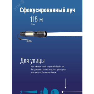 Фонарь аккумуляторный ручной LED 1Вт + COB 5Вт линза зум аккум. Li-ion 18650 1А.ч USB-шнур ABS-пластик KOS113Lit