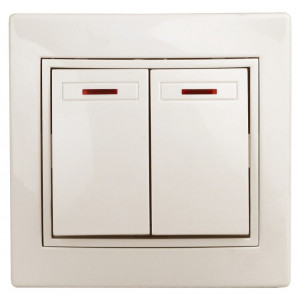 1-105-02 Выключатель двойной с подсветкой, 10А-250В, IP20, СУ, Plano, сл.кость (10/200/2400) Б0027604