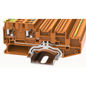DSIO-IN 2.5/4-PE OG-01P-15-00Z(H), Многоконтактная клемма,с заземлением, тип фиксации провода: Push-in,номинальное сечение: 2.5 мм кв., 20A, 250V,ширина: 7 мм, цвет: оранжевый, тип монтажа: DIN35