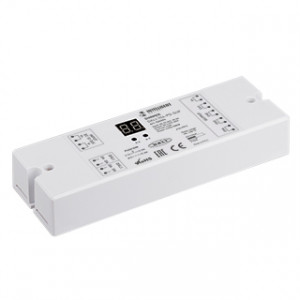 INTELLIGENT ARLIGHT Диммер DALI-104-PD-SUF (12-36V, 4х8А) 026504, Мощный DALI диммер на 4 адреса, для одноцветных или RGBW светодиодных лент, 4 асинхронных канала. Управляется сигналом DALI или кнопками PUSH DIM. Питание\выход 12-36 VDC. Высокая частота ШИМ 1500Гц. Макс.ток 4x8A. Размеры 168x58x28 мм.