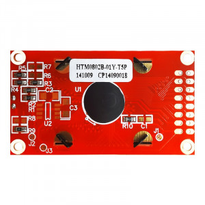 HTM0802B-25W-T5P-V03, ЖКИ знакосинтезирующий 8 x 2, STN Синий Негативный/прозрачный светодиодная подсветка белая, питание 5В, размер 58x32 мм, видимая область 38х16 мм, -20...70°C, 6 o`clock, 16 контактов 2 ряда слева