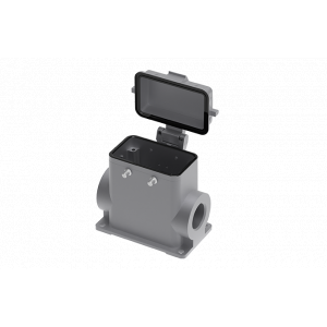 Закрытое  основание разъема S10B-SMH-4B-2M32-MC, Основание разъема на панель, закрытое, типоразмер 10B, высокое исполнение, с уплотнителем, 2 отверстия с резьбой для кабельных вводов M32x1,5, без защелок (упоры для двух защелок), с защитной крышкой, материал корпуса: алюминиевый сплав