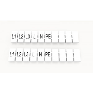 ZB5-10P-19-168Z(H), Маркировочные шильдики для клемм WS…, DC…, PC…, сечением 2,5 мм кв., центральная, 10 шильдиков, нанесенные символы: L1 L2 L3 L N PE с вертикальным расположением, размер шильдика: 4,55х10,7 мм, цвет белый
