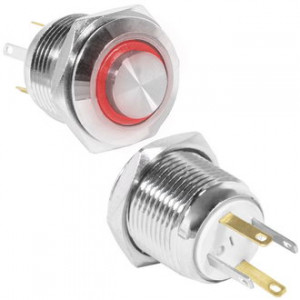 GQ16H-10E/JL/R/N OFF-(ON), Антивандальная кнопка металлическая без фиксации с кольцевой красной подсветкой, посадочная резьба М16, контакты под пайку
