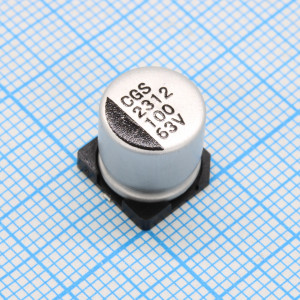CGS063M101G10PKKKV00R, Конденсатор алюминиевый  электролитический 100мкФ 63В ±20% (10 X 10мм) для поверхностного монтажа 0.5Ом 150мА 1500час 125°С лента на катушке