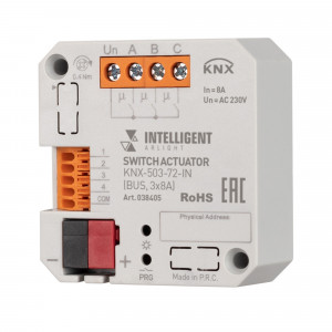 INTELLIGENT ARLIGHT Релейный модуль KNX-503-72-IN (BUS, 3x8A) 038405, Релейный модуль для систем KNX. Установка в монтажную коробку / подрозетник. 4 входа "сухих контактов" с настраиваемым функционалом, 3 релейных канала по 8А. Максимальная мощность 460 Вт на канал для светодиодной нагрузки. Габариты 50x52x21 мм.